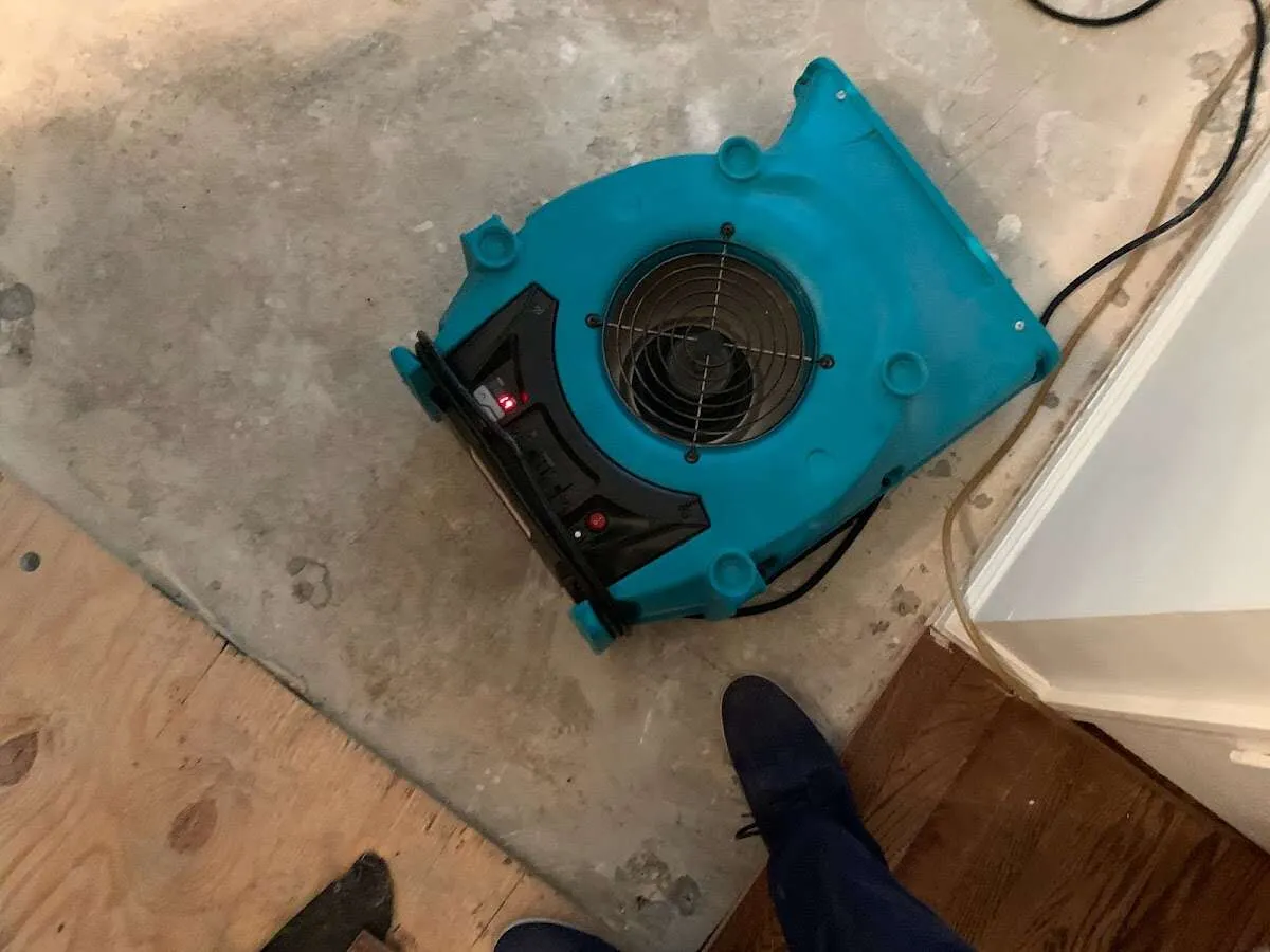 Air mover drying subfloor during Leak Detection & Repair in Pavilion